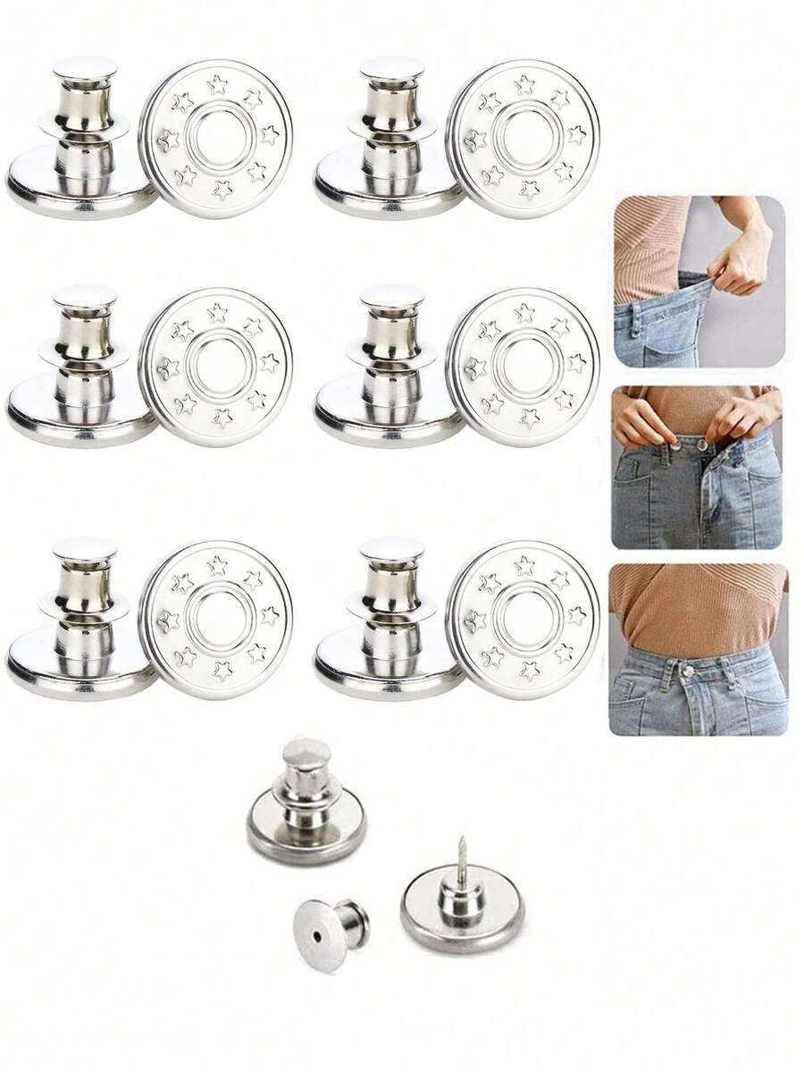 6 Pcs/12Pcs Jeans Buttons Replacement 17mm No Sewing Metal Button Repair Kit Nailless Removable Jean Buttons Replacement Combo Valentines Wedding, Birthday, Buttons, Sewing, Sewing Supplies, Sewing Accessories, Craft Supplies, DIY, Crafts For Adults - Silver - View 1