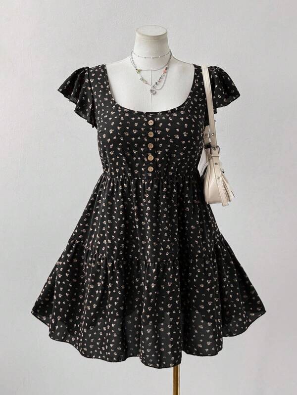 Sunspun Sweet Casual Ditsy Floral Round Neck Puff Sleeve Loose Short Dress