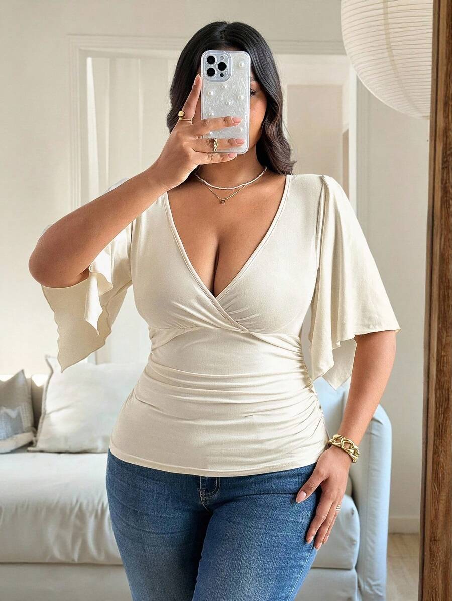 Vionelle 时尚性感交叉 V 领短袖 T 恤女款，夏季设计优雅褶皱腰小众短款上衣 - 杏色 - 查看 1