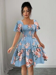 Elenzga 女士夏季优雅花卉印花褶皱连衣裙 - 藍色 - 查看 6