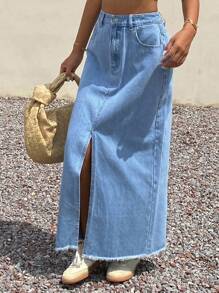 Livesso 女士夏季毛边前开衩牛仔半身裙 - 藍色 - 查看 2