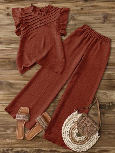 GlowEve Blusa con volantes en el cuello, mangas acampanadas y decoración fruncida asimétrica de color azul + Pantalones rectos de tiro alto con bolsillos laterales y cintura elástica de color azul, para primavera/verano