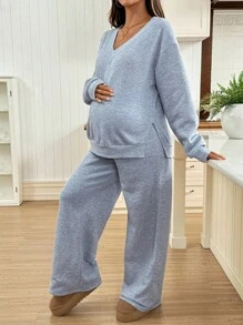 SHEIN 秋季服装，秋季服装，孕妇装 秋冬服装 孕妇装 2 件套 孕妇休闲纯色侧开衩连帽衫和运动裤套装，秋冬孕妇装两件套 两件套休闲套装 孕妇休闲服 舒适两件套女式休闲套装 孕妇装两件套 孕妇休闲套装 两件套女式舒适两件套 灰色两件套 两件套休闲套装女式休闲套装 - 灰色 - 查看 3