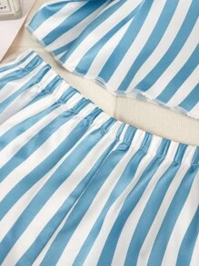 Girls Pajamas, Elegant Blue & White Striped Print, Soft & Comfortable Camisole & Shorts 2 Pieces Set, Suitable For Indoor & Outdoor Wear, Spring/Summer