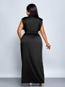 SOLERSUN Women Commute Minimalist Office Old Money Simple Lapel Neck Batwing Sleeve Ruched Bodycon Satin Dress Maxi Women Outfit