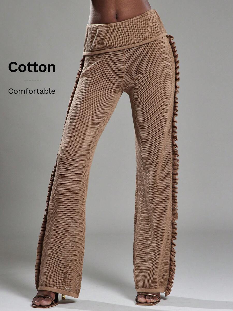 NYA SZN Pant High Rise Skirt Over Pant Ruffle Detail Brunch Spring Summer Vacation Stretch Knit Pant Outfits For Women - Brown - View 1