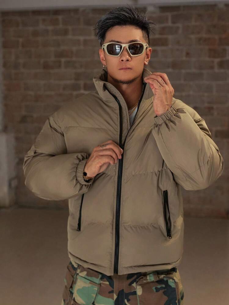 Men's Solid Color Khaki Contrast Zipper Design Regular Fit Padded Coat, Winter Jacket