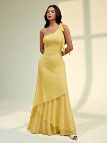 SHEIN PETITE Váy oversize thắt nơ trễ vai, váy lá sen vàng ba lớp, kỳ nghỉ lãng mạn, phù hợp cho mùa hè - Màu vàng - Xem 6