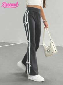 青少年女孩美式学院风休闲条纹绿色裤子 - 灰色 - 查看 7