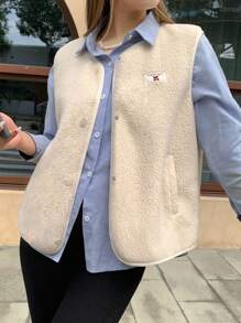 INAWLY Women's Cream White Lamb Fleece Vest Jacket,Elegant,Casual Occasion,Warm Lambswool With Cherry Patch,Metal Buttons,Autumn,Vintage Slim Fit,Flattering - White - View 6