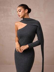 Lumalex Fall Winter Goth Modest Old Money Glitter Holiday Party Outfit Rave Festival Outing Vacation Bohemian BOHO Outdoor Richly Layered Wedding Season Banquet Coming Of Age Ceremony Asymmetrical Neck Wrap Neck Bodycon Knit Dress For Women Open Shoulder Dress Elegant One Sleeve Dress Maxi Dress Asymmetrical Dress Gray Dress Luxury Prom Christmas New Year - Dark Grey - View 6