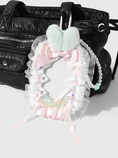 Kawaii 1pc Ins Cute Versatile Sweet Exquisite High-End Handmade Beaded White Faux Pearl Resin Heart Acrylic Glitter Wing Star Plush Rabbit Imported High-Quality Polka Dot Bow Lace Flower Card Holder ID Badge DIY Keychain Bag Charm, Suitable For Office Workers, Students, Daily Wear, Holiday Gift