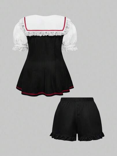 J-Fashion 2pcs/Set Plus Size Women Sailor Collar Short Sleeve Top And Shorts Set