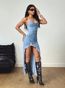 SHEIN Tall 女式高腰弹力做旧水洗牛仔连衣裙 - 中等水洗藍 - 查看 5