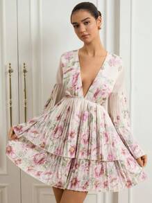 Aveloria Rosie فستان قصير بأكمام طويلة وياقة على شكل حرف V مطبوع بزهور، مع أساور وحافة مطوية، تصميم مشدود للخصر، مناسب للخروجات اليومية والمواعيد - متعدد الألوان - مشاهدة 3