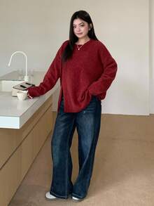 Dazy Plus 酒红色宽松圆领开衩长袖大码女式圣诞新年套头衫，秋季 - 酒紅色 - 查看 5