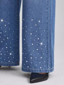 SHEIN Essnce Women's Rhinestone Star Drawstring Waist Pocketed Casual Jeans - Dark Wash - View 5