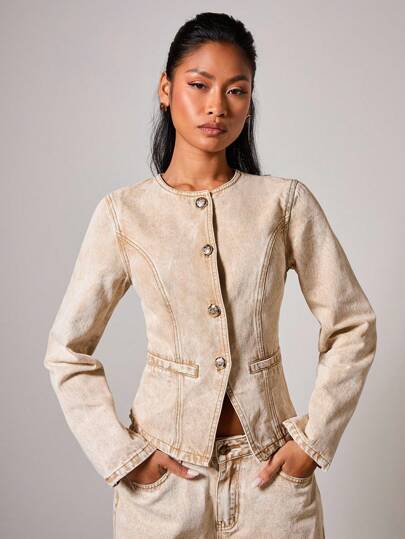 COSMINA Blusa vaquera de manga larga ajustada con botones delanteros de unicolor para mujer