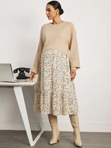 MaterniWear 2件孕妇套装：纯色长袖上衣和碎花哺乳裙