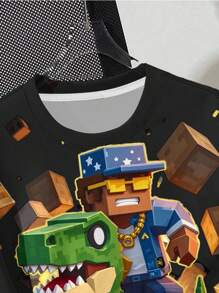 SHEIN Tween Boy Casual Simple Short Sleeve Round Neck T-Shirt, Suitable For Summer Boys Gaming Shirts Pixelated Dinosaur Shirt Block Game Shirt Game Time Shirt - Multicolor - View 4