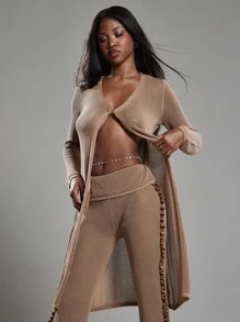 NYA SZN Pant High Rise Skirt Over Pant Ruffle Detail Brunch Spring Summer Vacation Stretch Knit Pant Outfits For Women - Brown - View 4