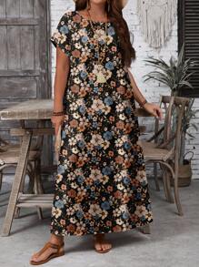 EMERY ROSE Elegant Plus Size Long Tunic Dress With Random Print And Round Neckline Long Floral Dress Maxi Dress With Short Sleeves,Holiday Outfits For Women - Multicolor - View 6