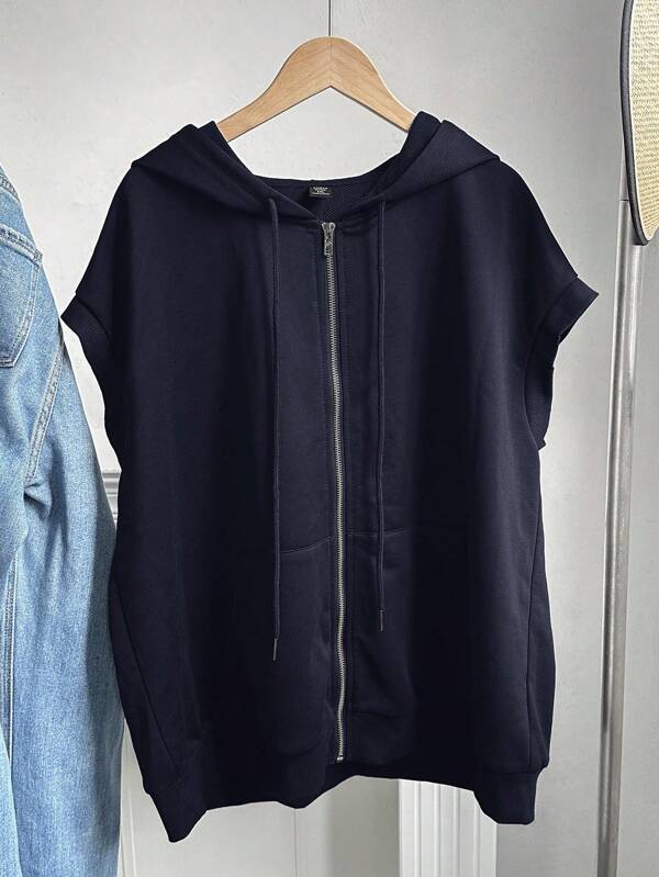SHEIN EZwear Plus Size Casual Summer Zip-Up Drawstring Hooded Hoodie Sweatshirt In Fall/Winter