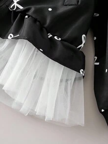 年轻女孩蝴蝶结印花网眼拼布夹克 - 黑色 - 查看 6