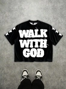 Manfinity Roghcode Men's Street Letter Print Short Sleeve Cropped Loose T-Shirt