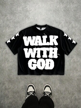 Manfinity Roghcode Men's Street Letter Print Short Sleeve Cropped Loose T-Shirt