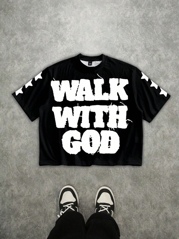 Manfinity EMRG Men's Street Letter Print Short Sleeve Cropped Loose T-Shirt