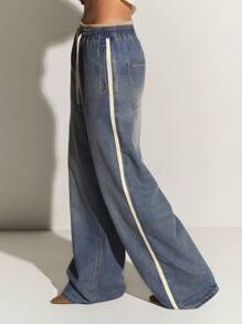 Athîral 女式休闲水洗抽绳腰阔腿牛仔裤 - 中等水洗藍 - 查看 1