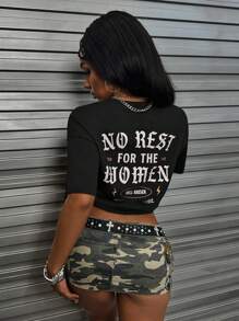 INAWLY 女款“No Rest For The Women”标语印花圆领短袖 T 恤 - 黑色 - 查看 4