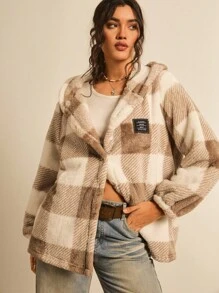 Freevana Plus Buffalo Plaid Pattern Drop Shoulder Hooded Flannel Jacket, For Winter Fall Autumn