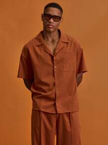 Musero Men Short Sleeve Button Through Revere Collar Front Chest Pocket Shirt - Orange - View 1