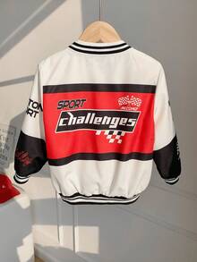 儿童男童休闲舒适赛车图案棒球领加厚长袖夹克，适合通勤、上学、居家、休闲、街拍、派对、户外玩耍 - 彩色 - 查看 3