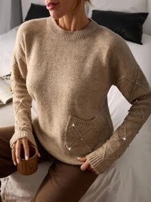 EURMUSE Women Solid Color Brushed Yarn Rhinestone Detailed Pocket Round Neck Drop Shoulder Pullover Women's Brown Sweater Fall Sweater Knit Sweater Embellished Sweater Pullover Sweater,Jumper,Cream Jumper,Jumpers,Christmas Jumper,White Jumper,Black Jumper,Ladies Jumper,Women's Jumpers - Light Grey - View 6