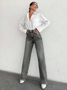 SHEIN Tall 高腰休闲直筒牛仔裤 - 淺灰色 - 查看 4