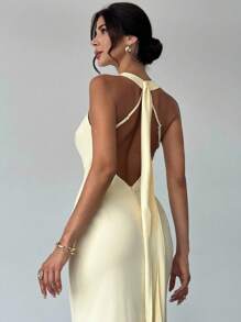 Firerie Elegant Pale Yellow Summmer Day Party Halter Deep V Backless Mermaid Maxi Dress, Glamorous Wedding Guest Formal Dresses For Vacation Graduation - Yellow - View 3