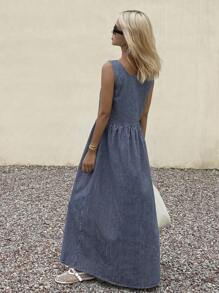 Livesso 新款秋季宽松休闲返校条纹牛仔连衣裙，女士夏季连衣裙 - 藍色 - 查看 2