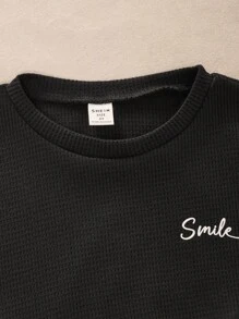 SHEIN Explorewe 年轻女孩的休闲宽松翻领长袖衬衫裙和简约徽标印花背心，适合上学和日常穿着 - 藍色 - 查看 3