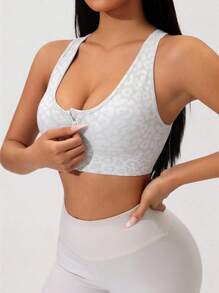 Women Leopard Jacquard Front Zipper Sports Bra