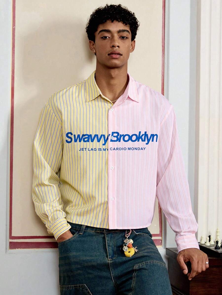 SWAVVY 男式撞色条纹拼布英式印花衬衫 - 彩色 - 查看 1