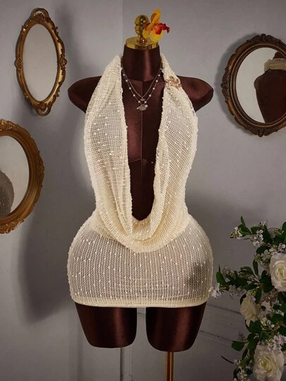 Amplova 大码女式纯色低胸垂坠领露背性感时尚连衣裙