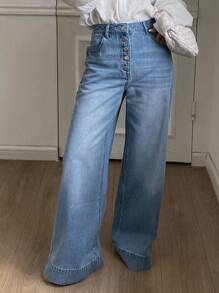 DAZY 女式高腰宽松做旧阔腿牛仔裤 - 藍色 - 查看 4