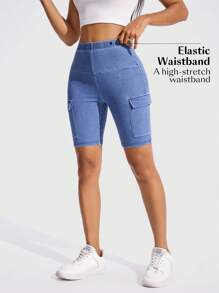 Flexra Women's Elastic Waist Denim Shorts With Pockets, Washed Knit Fabric - Medium Wash - View 4