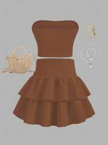 2 件套青少年女孩海滩度假日常法式甜美修身抹胸和高腰荷叶边迷你裙，针织面料吊带背心 - 棕色 - 查看 2
