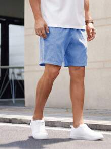 Manfinity VCAY Men's Woven Striped Short Waist Slim Fit Casual Straight Leg Shorts, Suitable For Daily Wear In Summer