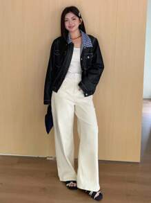 Dazy Plus Dark Washed Blue Contrast Plaid Collar Loose Pocket Denim Jacket, Spring/Autumn - Dark Wash - View 3