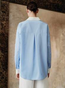 Aveloria 女式春夏秋季编织条纹串珠领长袖直筒休闲户外衬衫